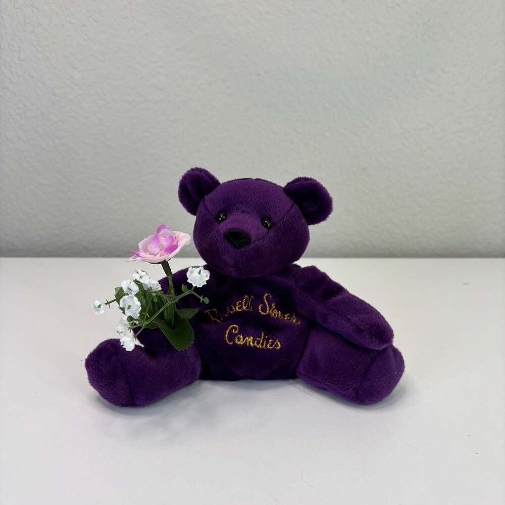 Russell Stover Candies Purple Plush Teddy Bear Holding Flowers